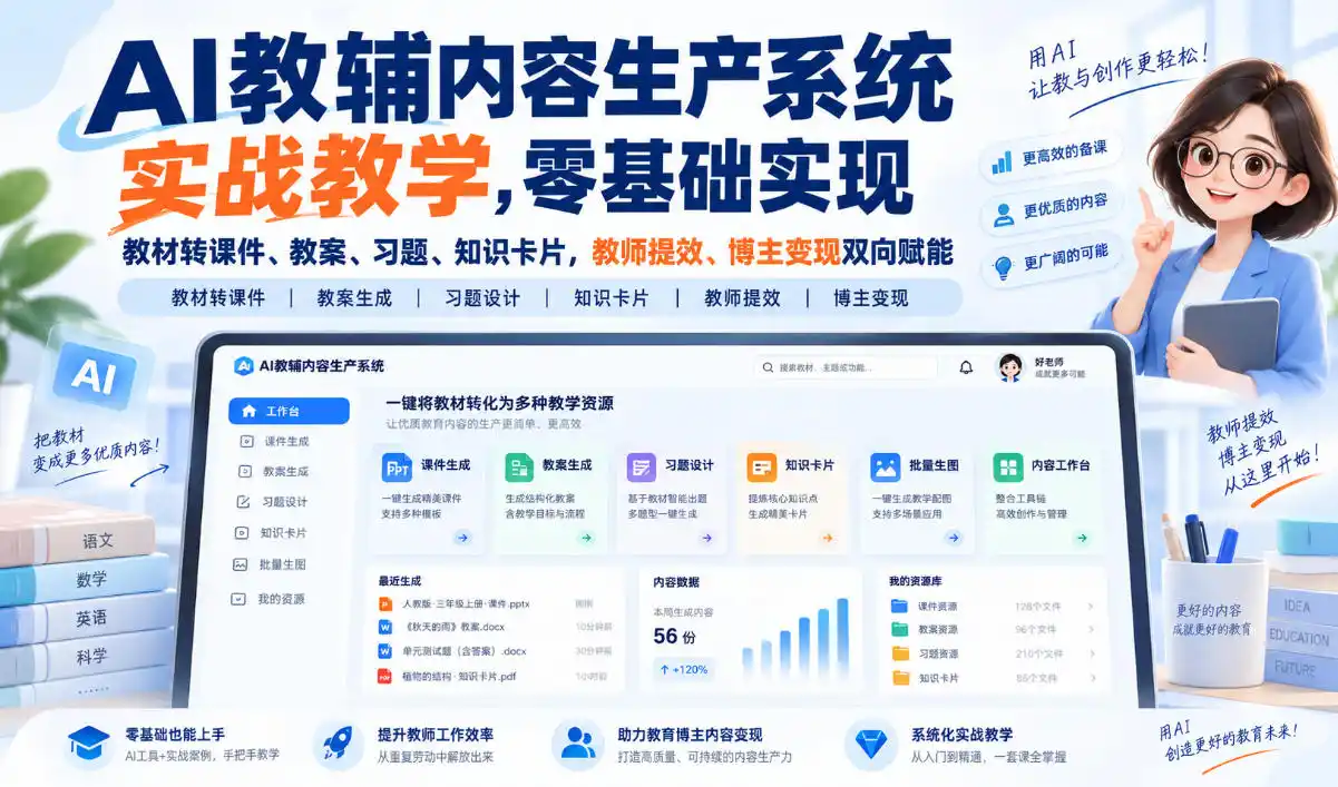 【无水印】AI教辅内容生产系统实战教学，零基础实现教材转课件、教案、习题、知识卡片，教师提效、博主变现双向赋能（更新0926）